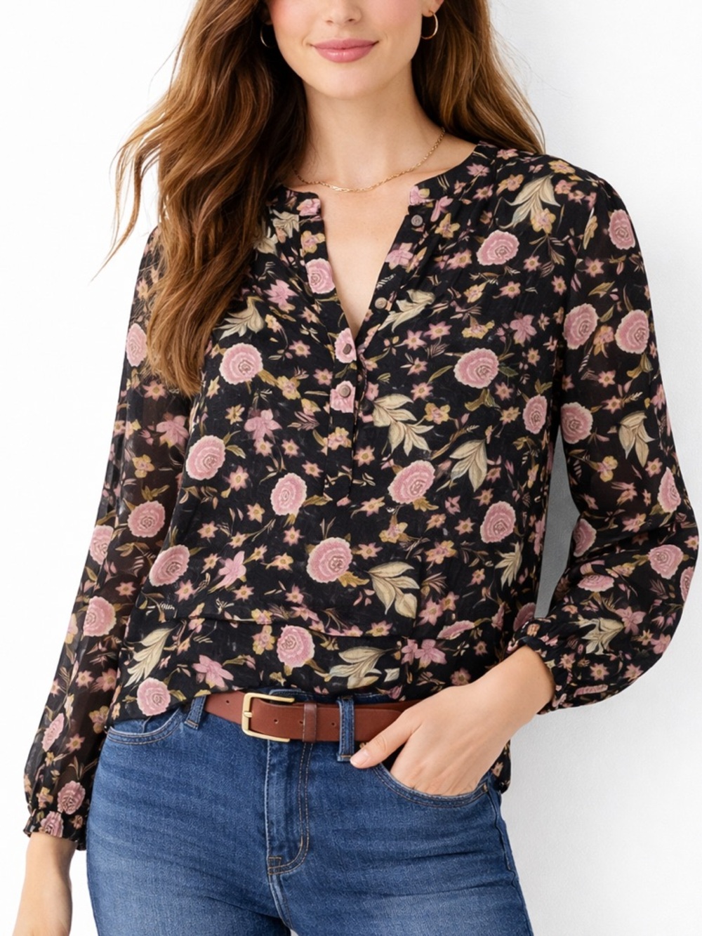 LOFT Floral Sheer Blouse XL Black Pink Boho Peasant Top